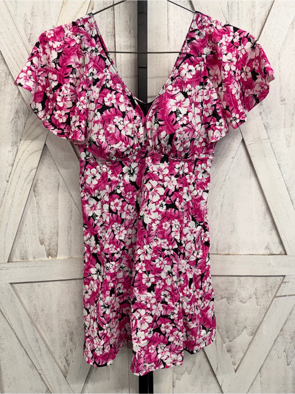 V-Neck Floral Swimdress in Fuchsia Pink - Picture 2 of 5